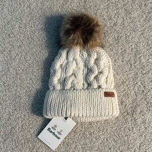 Barbour Cream Cable Knit Hat with Brown Pom-Pom
